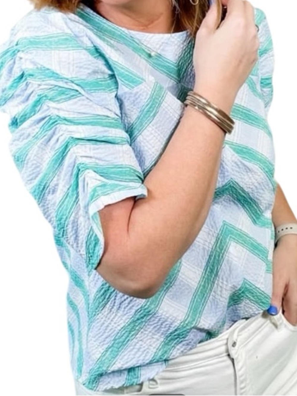 THML Women’s Plaid Seersucker Blouse Medium Blue Green Short Sleeve